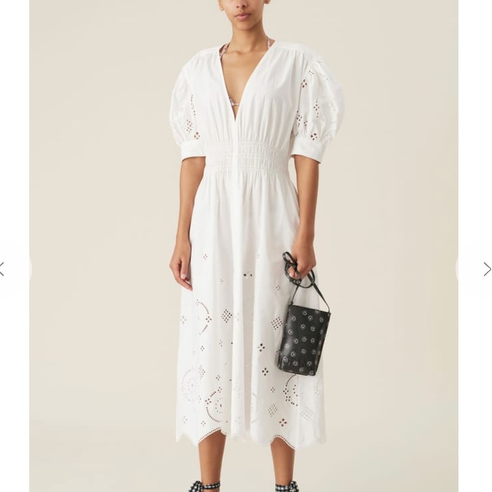 Ganni White Broderie Anglaise Organic Cotton Midi Dress